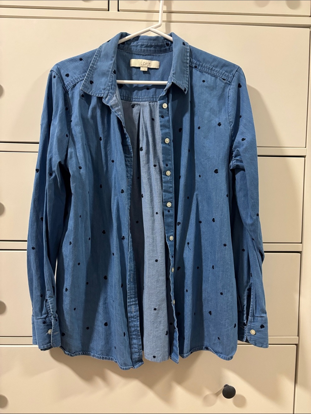 LOFT Blue Denim Shirt with Black Polka Dots
